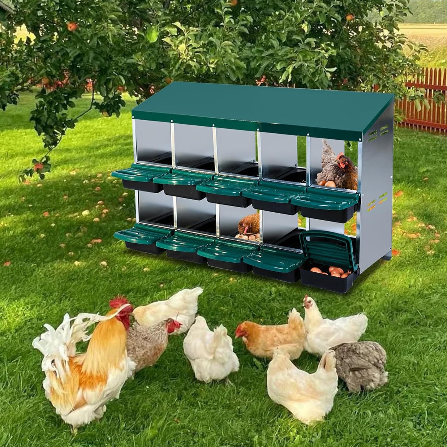 Nesting Boxes for Chickens, Chickens Laying Boxes for Chicken Coop, 10 Compartments Chicken Nesting Boxes, with Removable Tray, Easy Cleaning, for Hens Outdoor Chicken Coop Farm Yard, Green