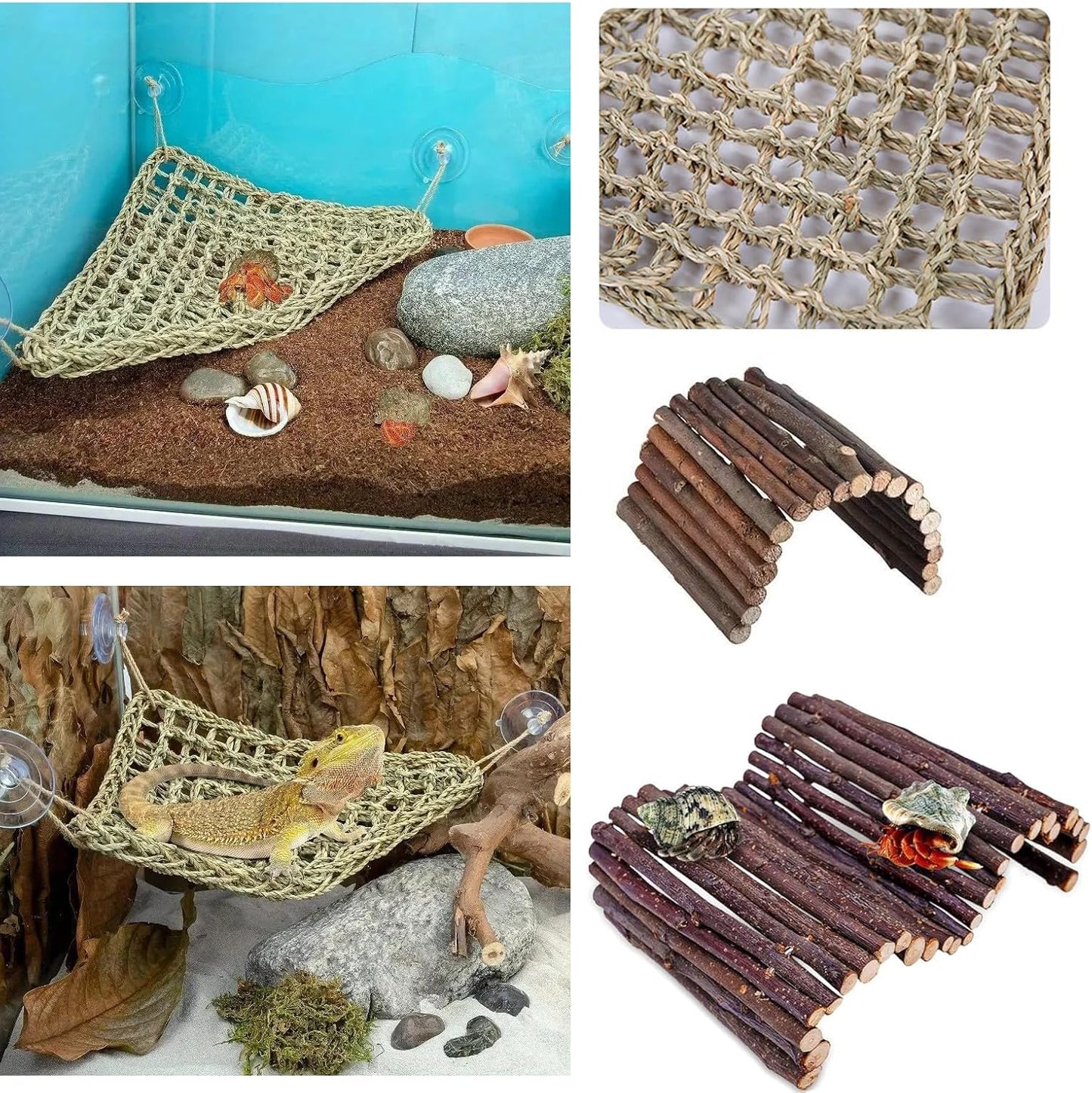 Bearded Dragon Tank Accessories Set: Reptile Habitat Decor with Climbing Hammock Toys, Natural Wood Hideout for Hermit Crab, Lizard, Leopard Gecko,Crested,Tortoise, Snake