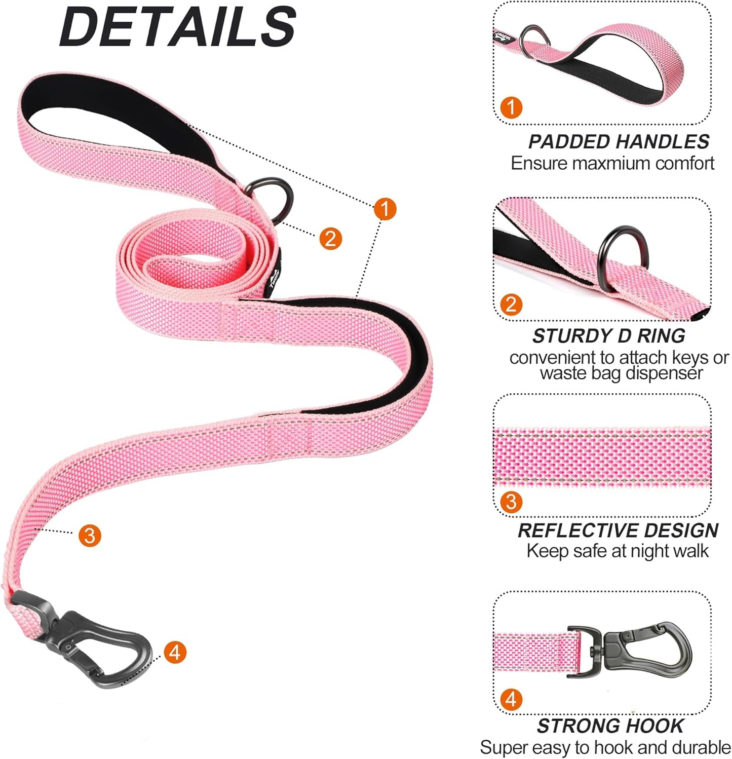 TwoEar 6FT 1IN Strong Pink Dog Leash with 2 Padded Handles, Traffic Handle Extra Control, Comfortable Soft Dual Handle, Auto Lock Hook, Reflective Walking Lead for Small Medium and Large Dogs