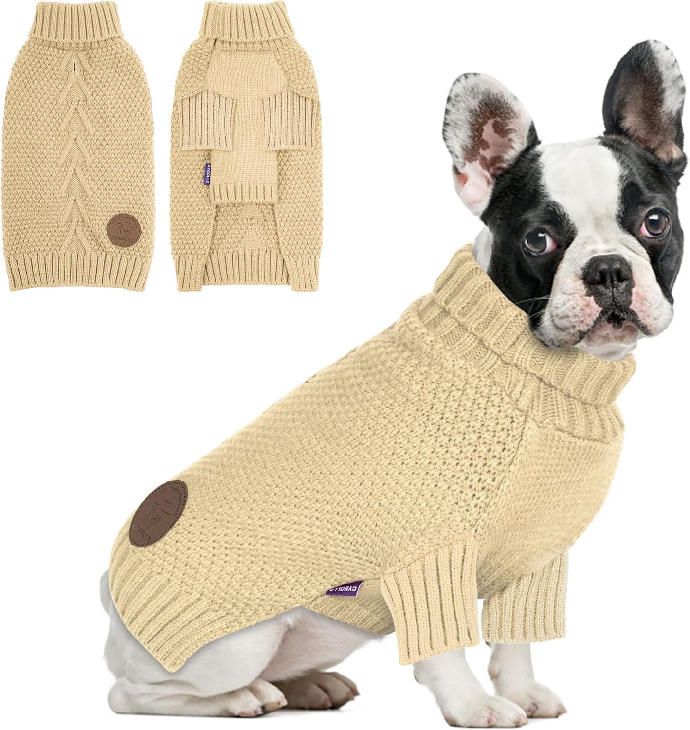 cyeollo Dog Sweater Turtleneck Knitted Sweaters with Leash Hole Winter Dog Clothes Sweaters for Small Dogs Beige