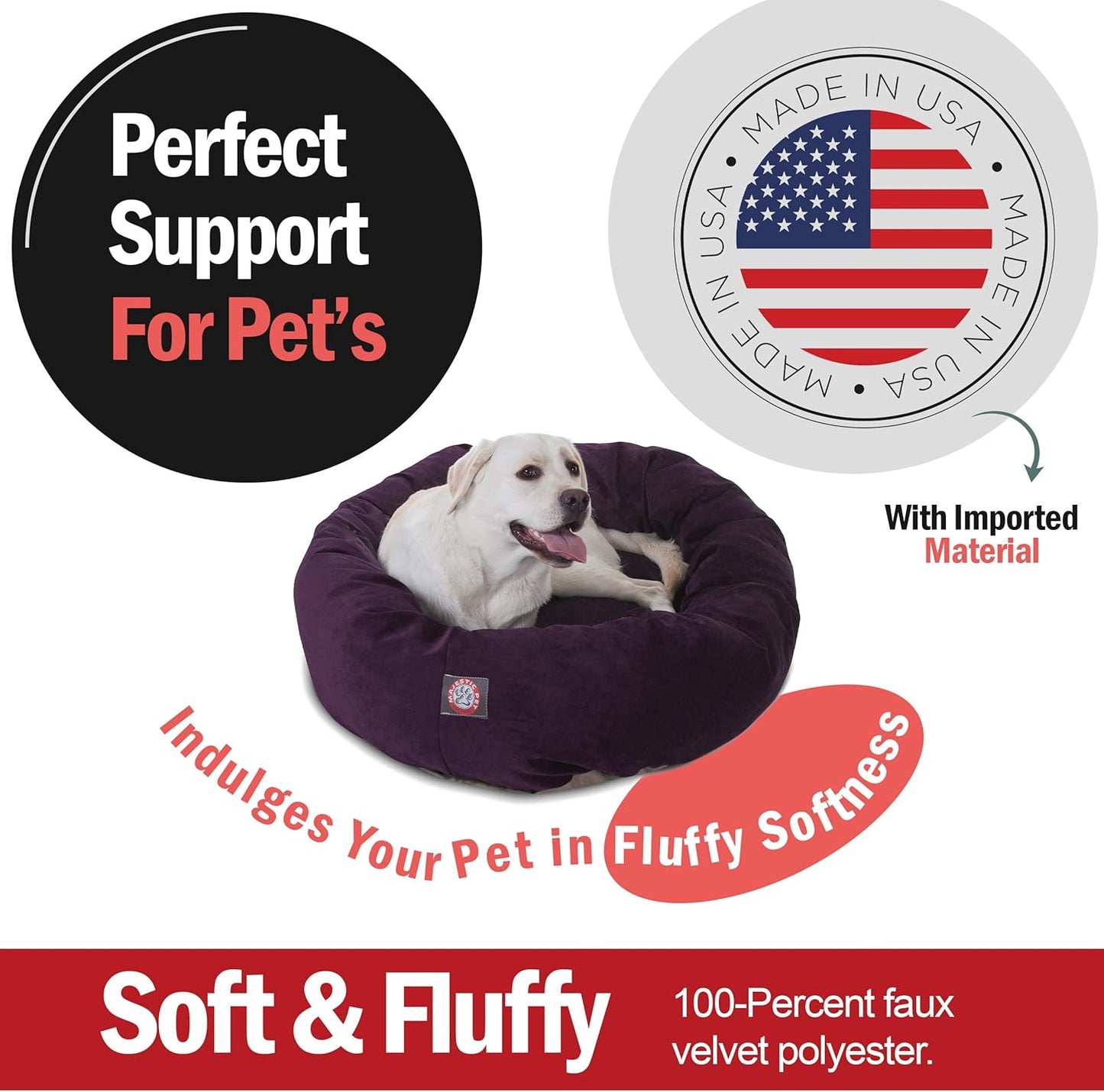Majestic Pet 40 Inch Micro Velvet Calming Dog Bed Washable 40x29x9 (inch) – Cozy Soft Round Donut Dog Bed with Spine for Head Support - Pet Bed Large – Aubergine