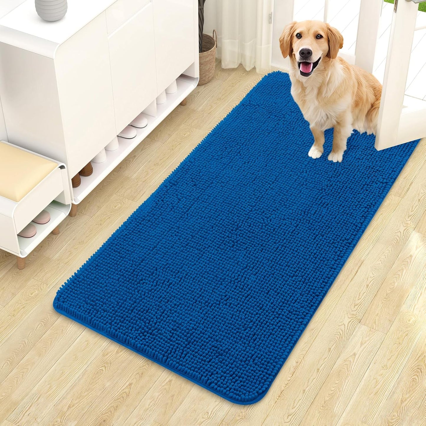 OLANLY Dog Door Mat for Muddy Paws 44x24, Absorbs Moisture and Dirt, Absorbent Non-Slip Washable Doormat, Quick Dry Chenille Mud Mat, Entry Indoor Entryway Carpet for Inside Floor, Deep Navy Blue