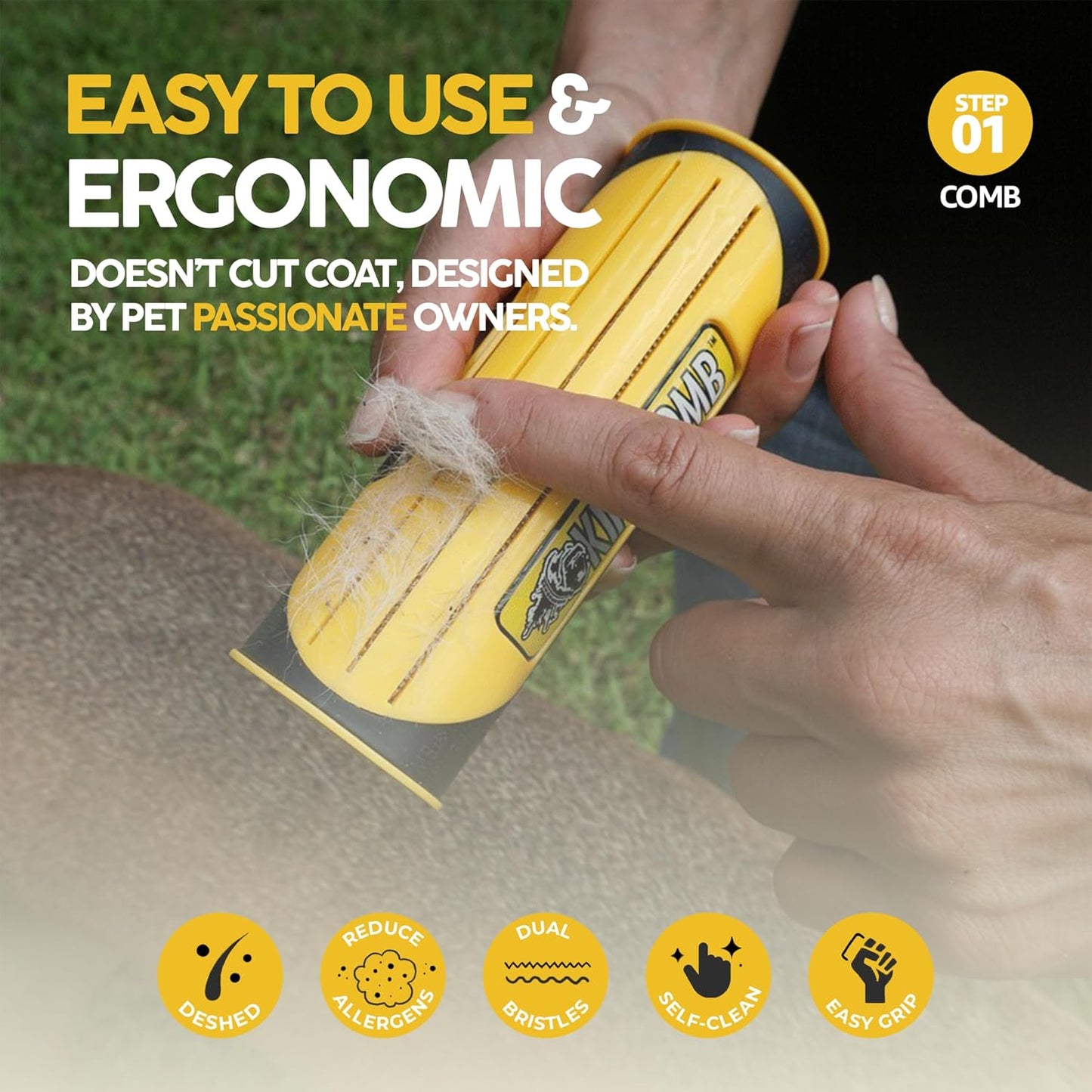 King Kanine Pet Grooming Brush, Self Cleaning Deshedding | Multi-Use Tool for Dogs, Cats & Horses for All Life Stages | Brush Pet for Grooming and Loose Hair | Perfect for Medium & Large Coats