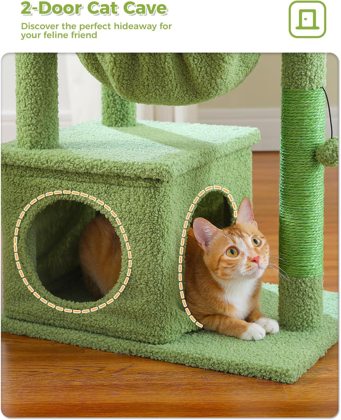 Cactus Cat Tree, 47.6" Cat Tower with 2 Metal Frame Hammock, Cat Scratching Post for Indoor Cats with 2 Removable Pompom Sticks for Kittens, Green