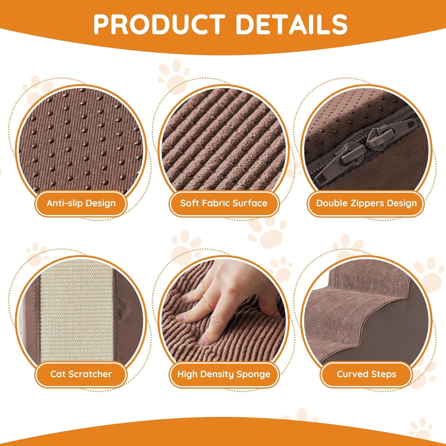 Pet Stairs, Dog Stairs for Small Dogs, Dogs Steps, 5-Step Curved Dog Ramp for Bed, Couch, Sofa, Car and Chair, Non-Slip Bottom Design, Cat Scratching Board, High Density Foam Portable Pet Step, Coffee