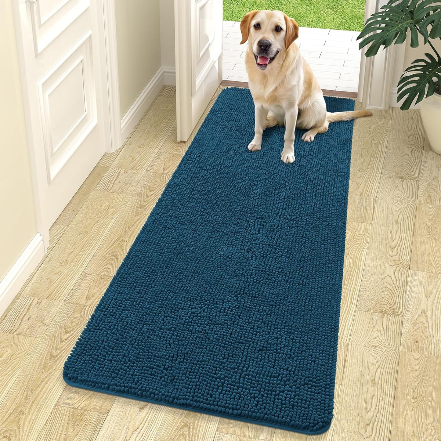 OLANLY Dog Door Mat for Muddy Paws 70x24, Absorbs Moisture and Dirt, Absorbent Non-Slip Washable Doormat, Quick Dry Chenille Mud Mat, Entry Indoor Entryway Carpet for Inside Floor, Atlantic Blue