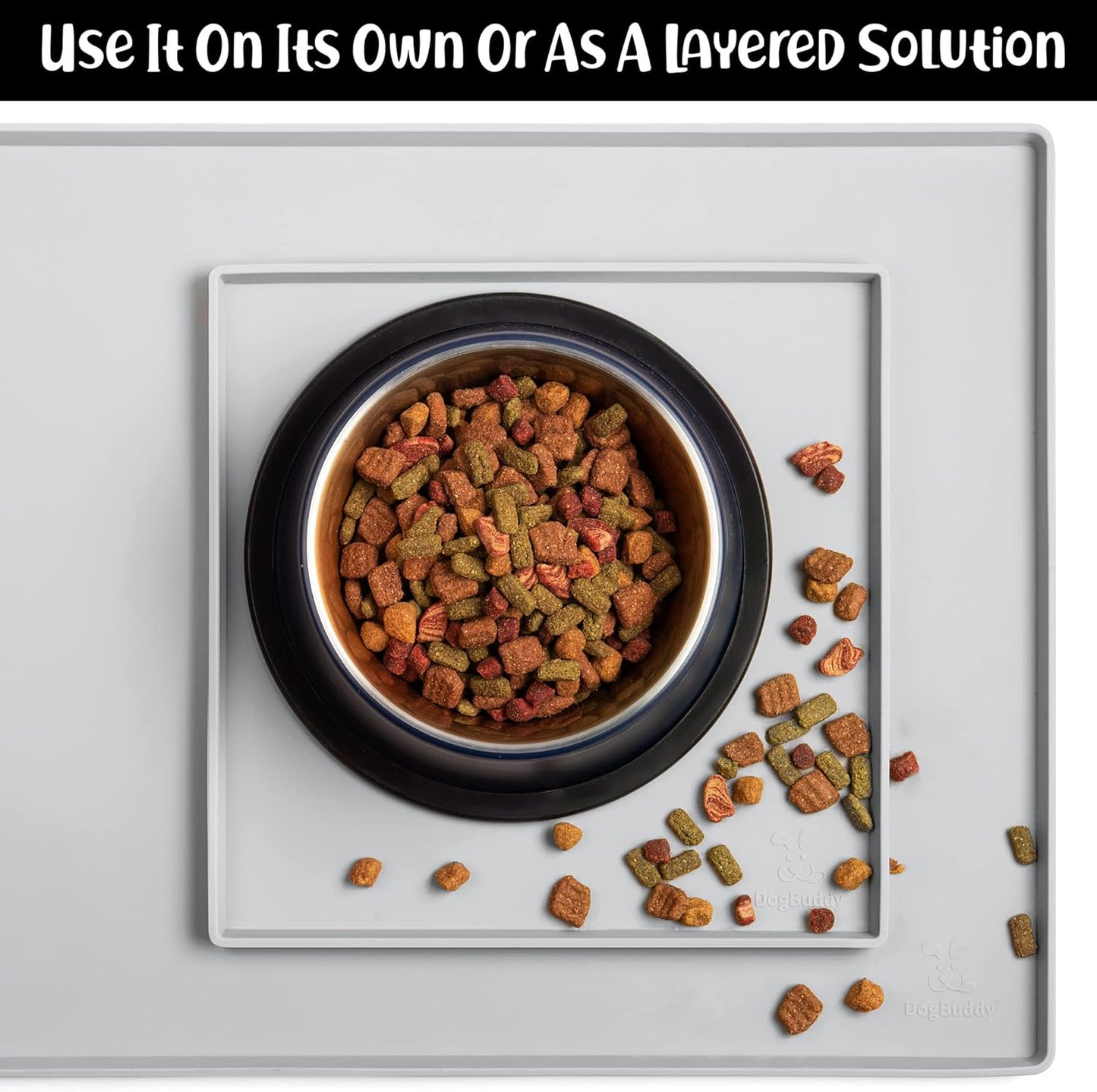 DogBuddy Dog Food Mat – Waterproof Dog Bowl Mat for Food and Water, Silicone Pet Feeding Mats for Floors, Non-Slip Placemat with High Edges for Dogs Bowls, Puppy Essentials (XS: 11" x 11", Mist)