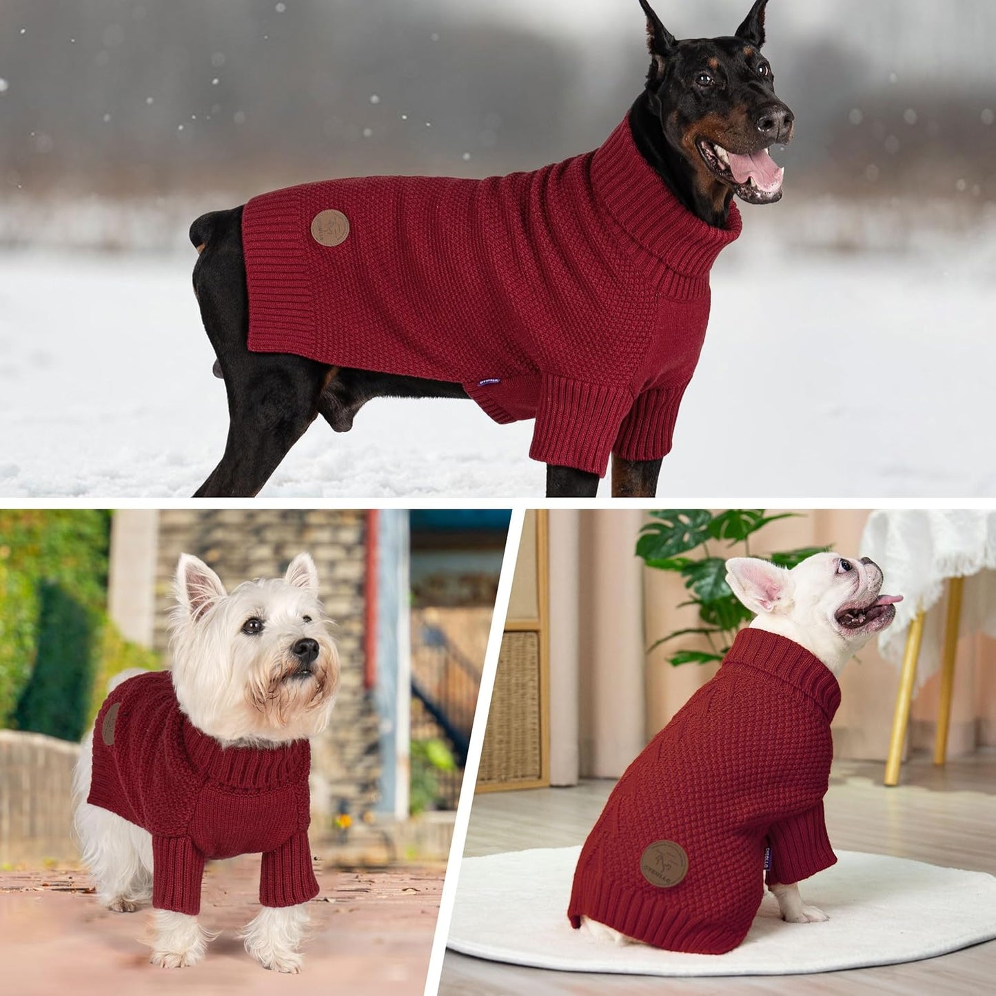 cyeollo Small Dog Sweater Warm Turtleneck Knitted Pet Winter Dog Clothes with Leash Hole Puppy Sweaters for Small Dogs