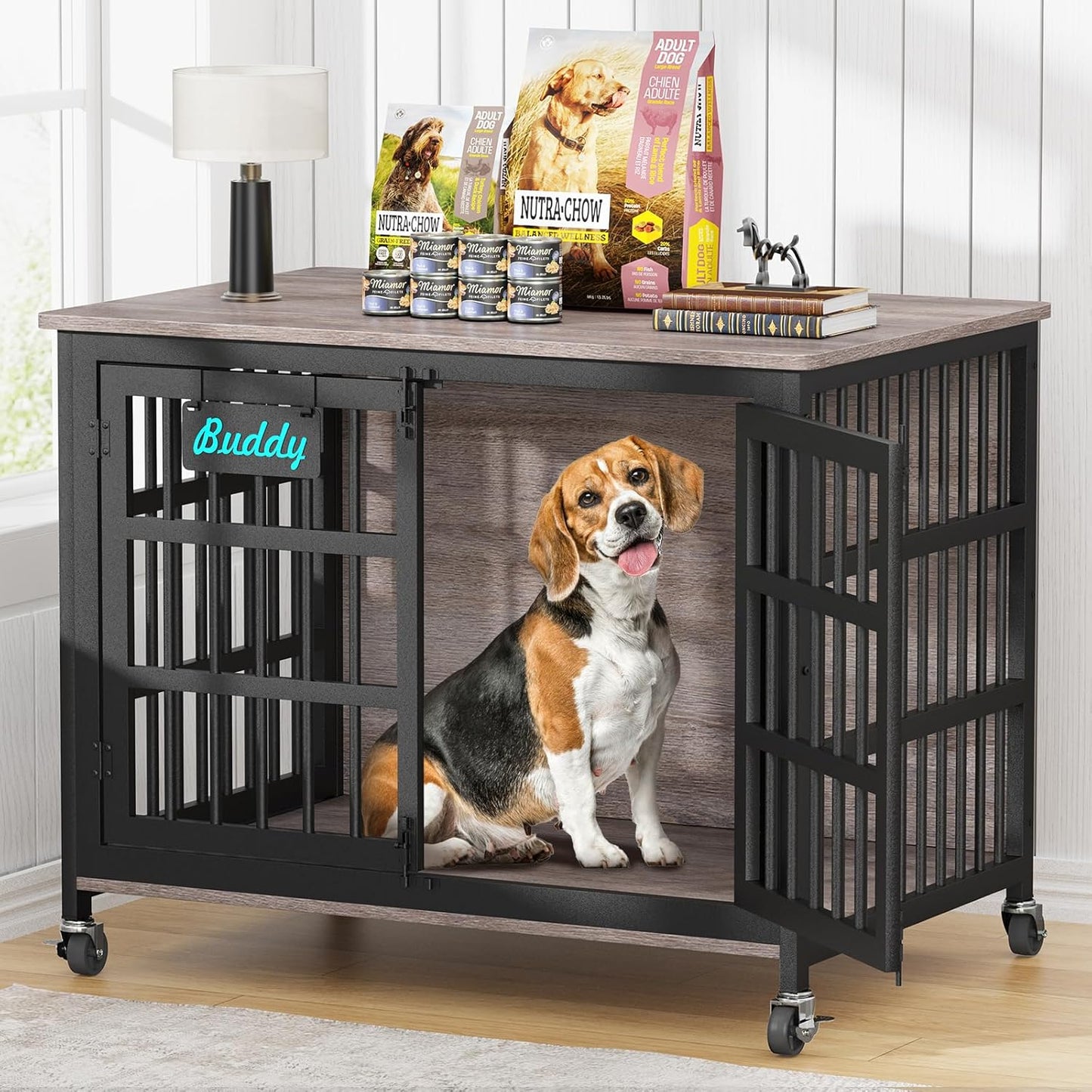 EasyCom 41"/33"/27" Dog Crate Furniture with Name Tag, Heavy Duty Dog Kennel Indoor for Medium Dogs, Double-Doors Sturdy Metal Dog Cage for Anxiety Dog, Decorate House as TV Stand, End Table