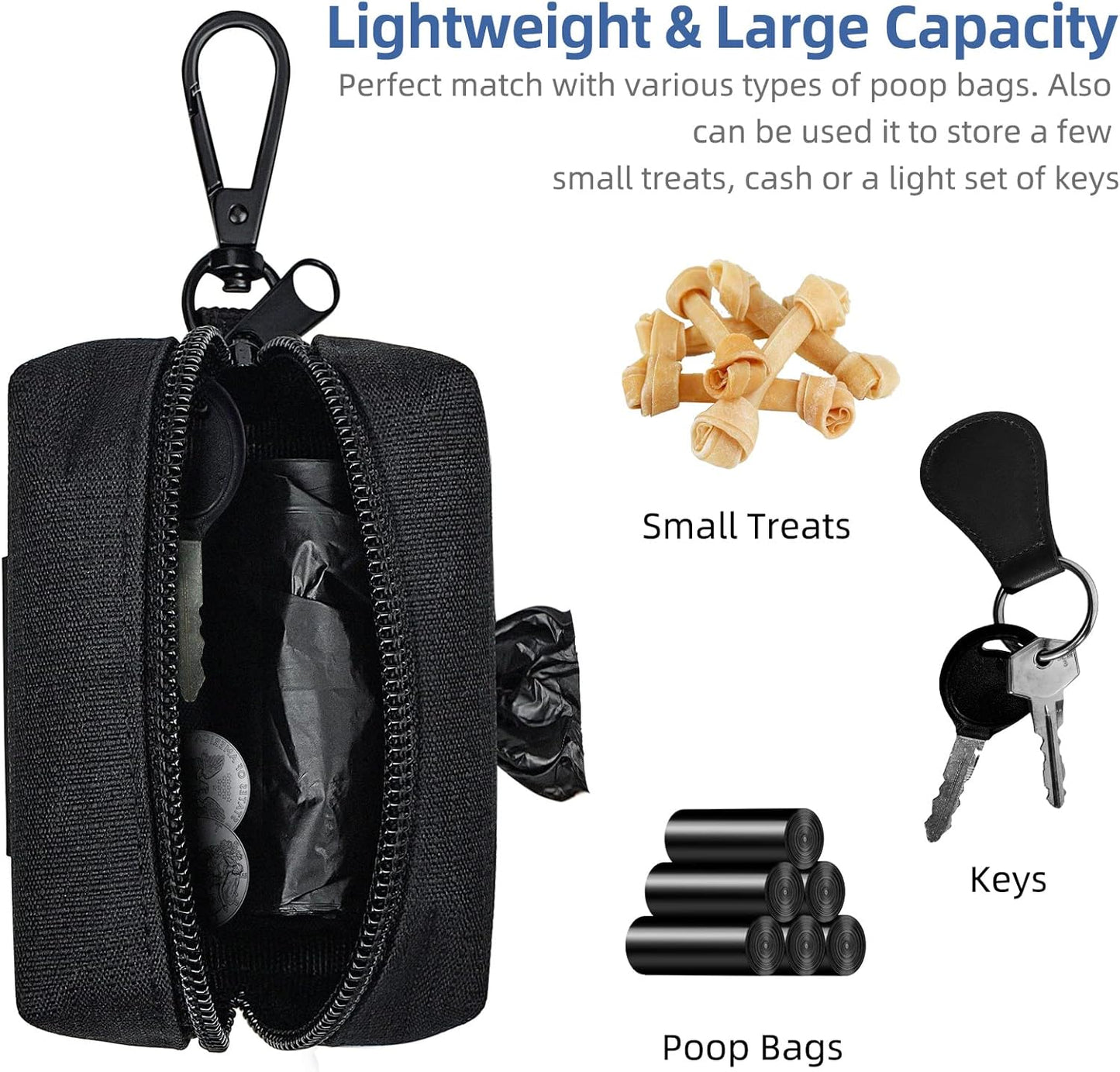 PuppyDoggy 2 Pack Poop Bag Holder for Dogs and Cats Black Waste Bag Dispenser Poop Bag Pouch Dispenser with 2 Roll of Free Poop Bags for Leash Accessory Bicycle (Black, 2 Pack)