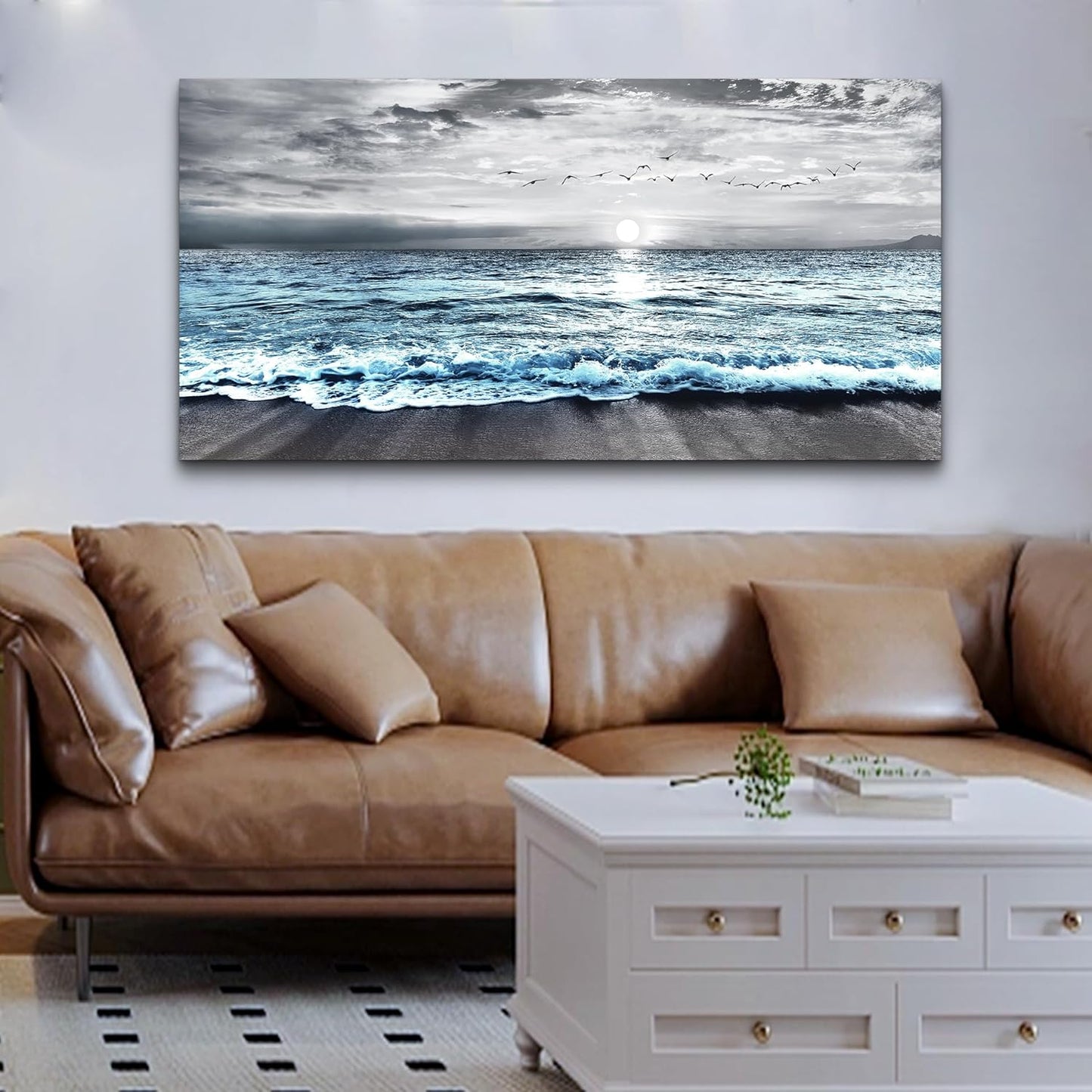 Lapremoly Large Canvas Wall Art For Living Room Wall Decor For Bedroom Office Wall Decorations Black And White Beach Wall Painting Blue Ocean Sea Wave Pictures Stretched and Framed Modern Artwork