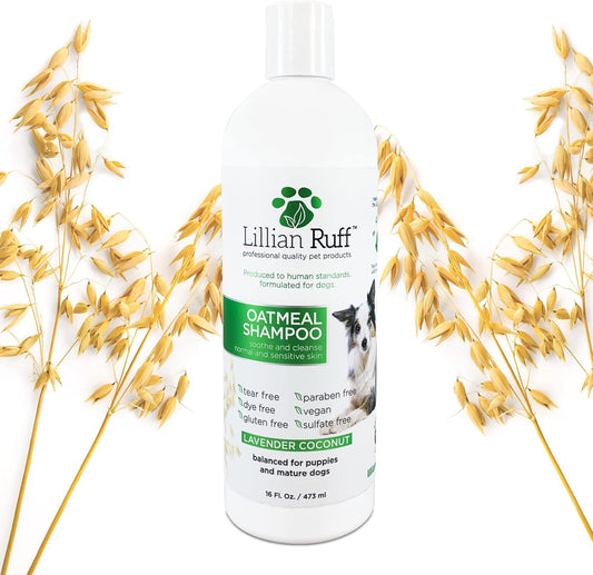 Lillian Ruff Calming Oatmeal Pet Shampoo for Dry Skin & Itch Relief with Aloe & Hydrating Essential Oils - Replenish Moisture & Deodorize - Tearless Dog Shampoo for Normal/Sensitive Skin (16oz)