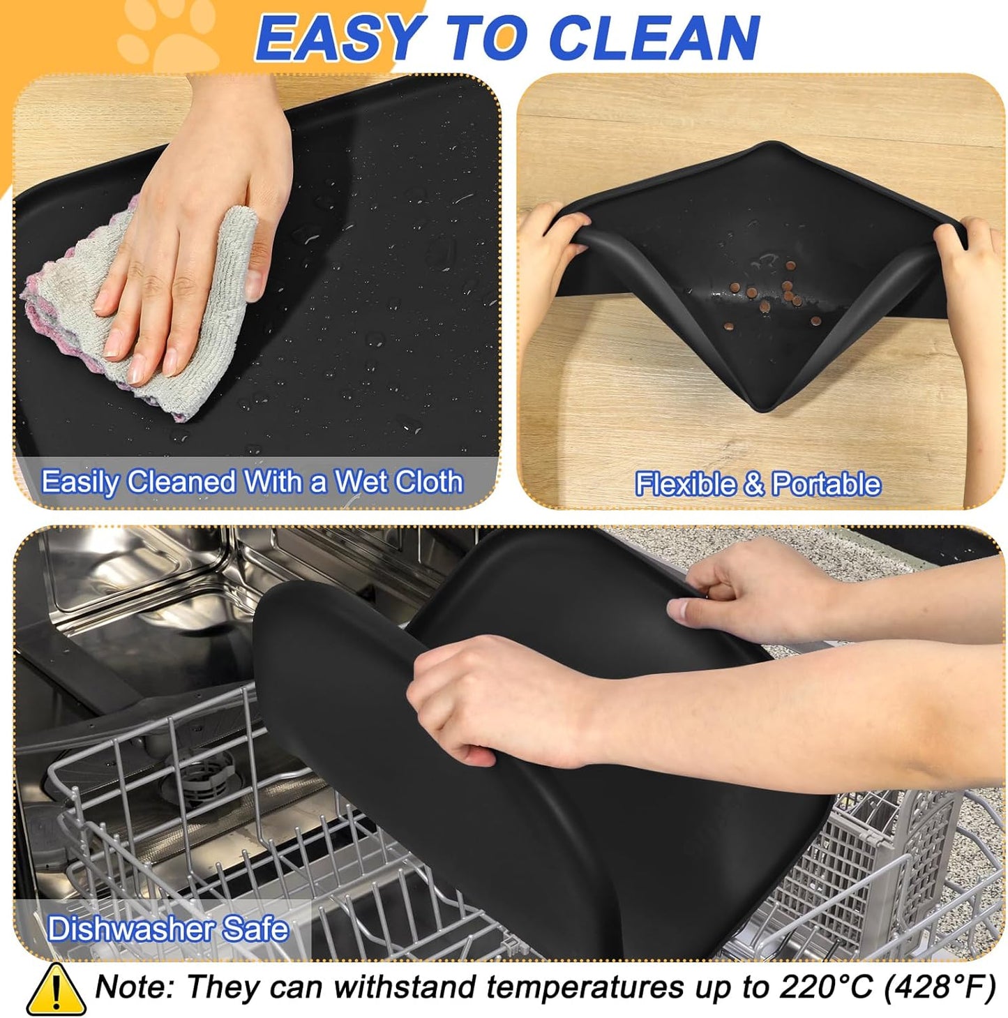 Silicone Pet Feeding Mat with Raised Edge for Food and Water, Dog Bowl Mats, Cat Bowls Placemat with High Lip for Floor Waterproof, Rubber Tray for Cats and Dogs 22 x 14 x0.8 Black