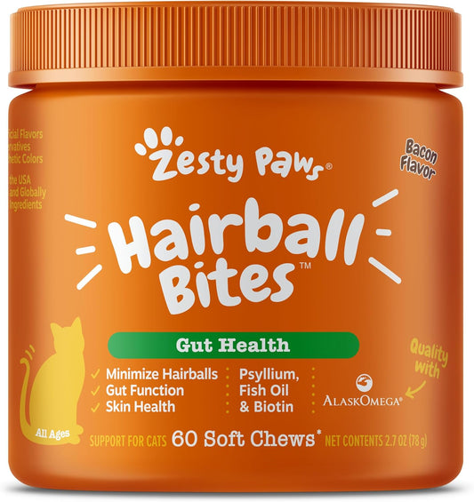 Zesty Paws Hairball Bites for Cats - Cat Furball Support - Functional Supplement with Omega 3 Fish Oil EPA & DHA + Zinc, Biotin & Psyllium Husk - Supports Gut & Skin Health - 60 Count