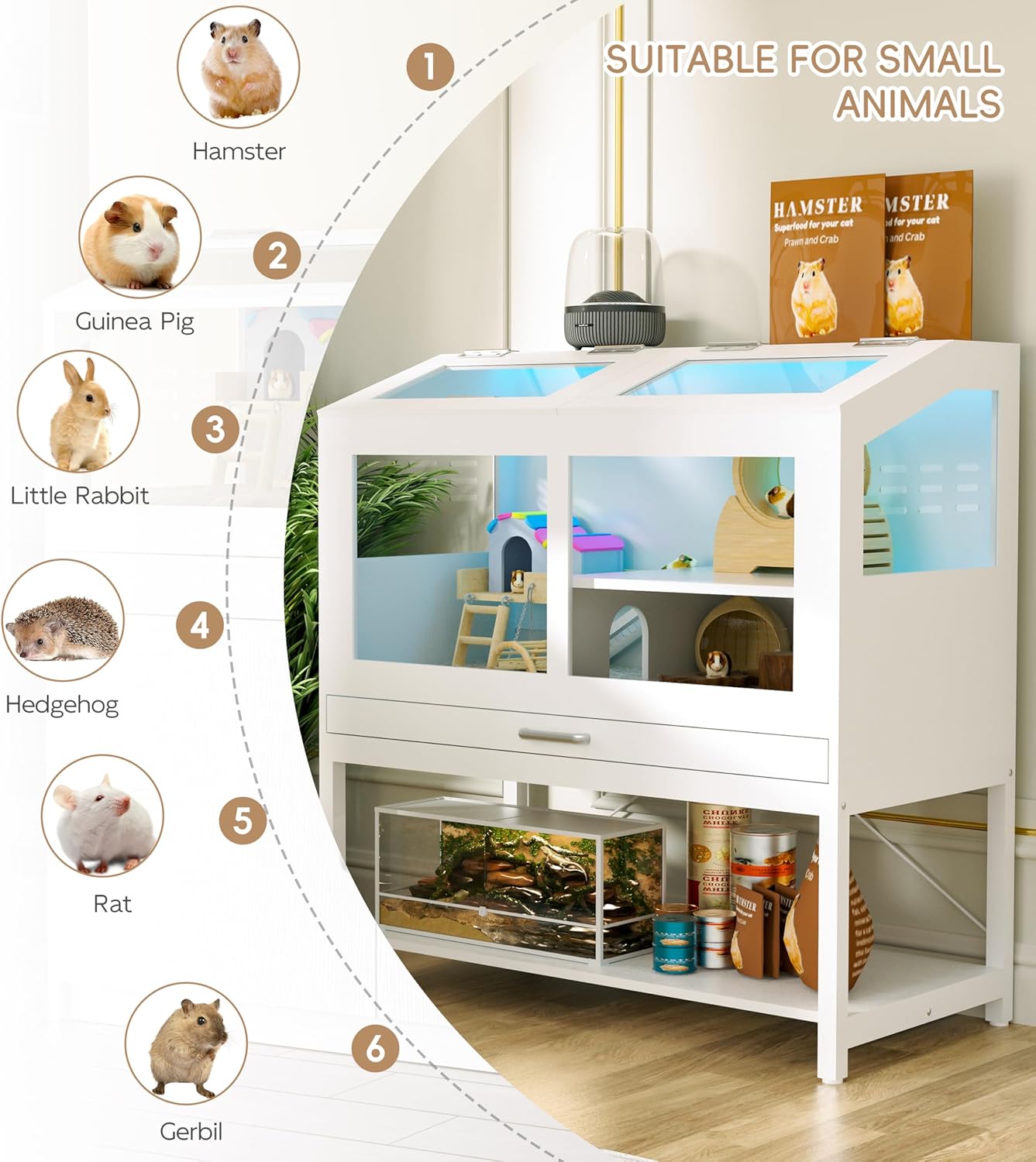 Hamster Cage with Storage Cabinet, Guinea Pig Cage for Small Animals, Large Hamster Cage and Habitat with Easy View Acrylic Panels and Pull Out Drawer for Hamster, Rabbit, Hedgehog, Easy to Clean