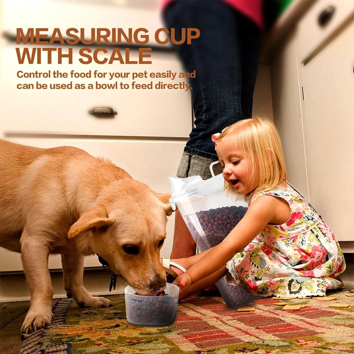 Dog Food Storage Container, 5-7 Lbs Airtight Pet Food Container, Cat food Container Dispenser with Portable Handle, Pouring Spout, Measuring Cup and a Collapsible bowl for Dogs Cats White/6Qt