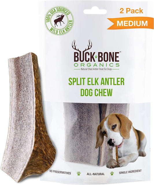 Buck Bone Organics Dog Chews, Antlers for Dogs, Premium Natural Elk, Long Lasting Dog Bones for Aggressive Chewers, No Preservatives, Wild Shed in The USA (Medium 2 Pack)