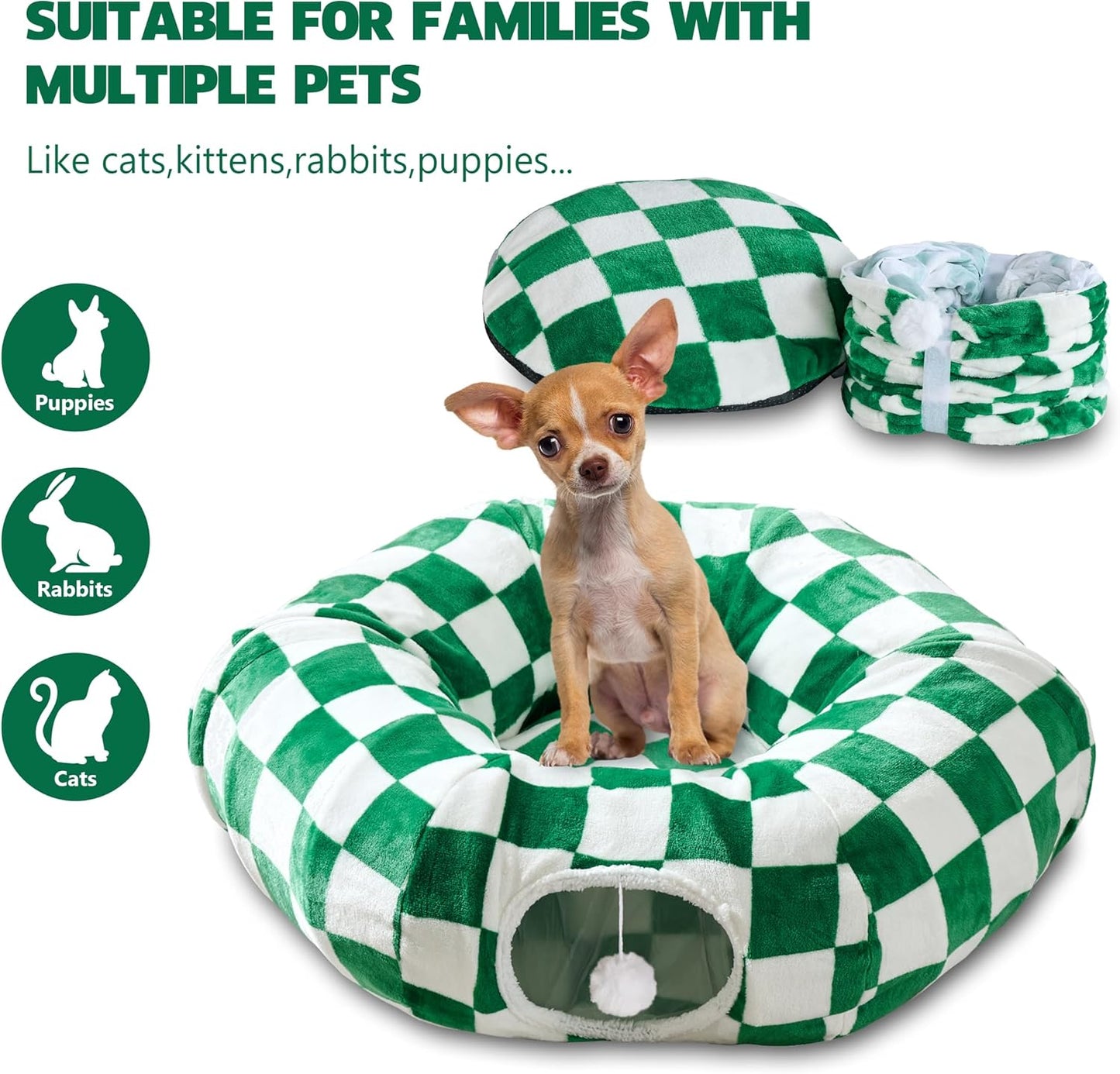 Cat Tunnel for Indoor Cats, Cute Peekaboo Cat Cave with Dangling Balls, Checkered Pet Donut Tunnel Bed with Circle Mat for Puppy Kitten Rabbit, Green/White