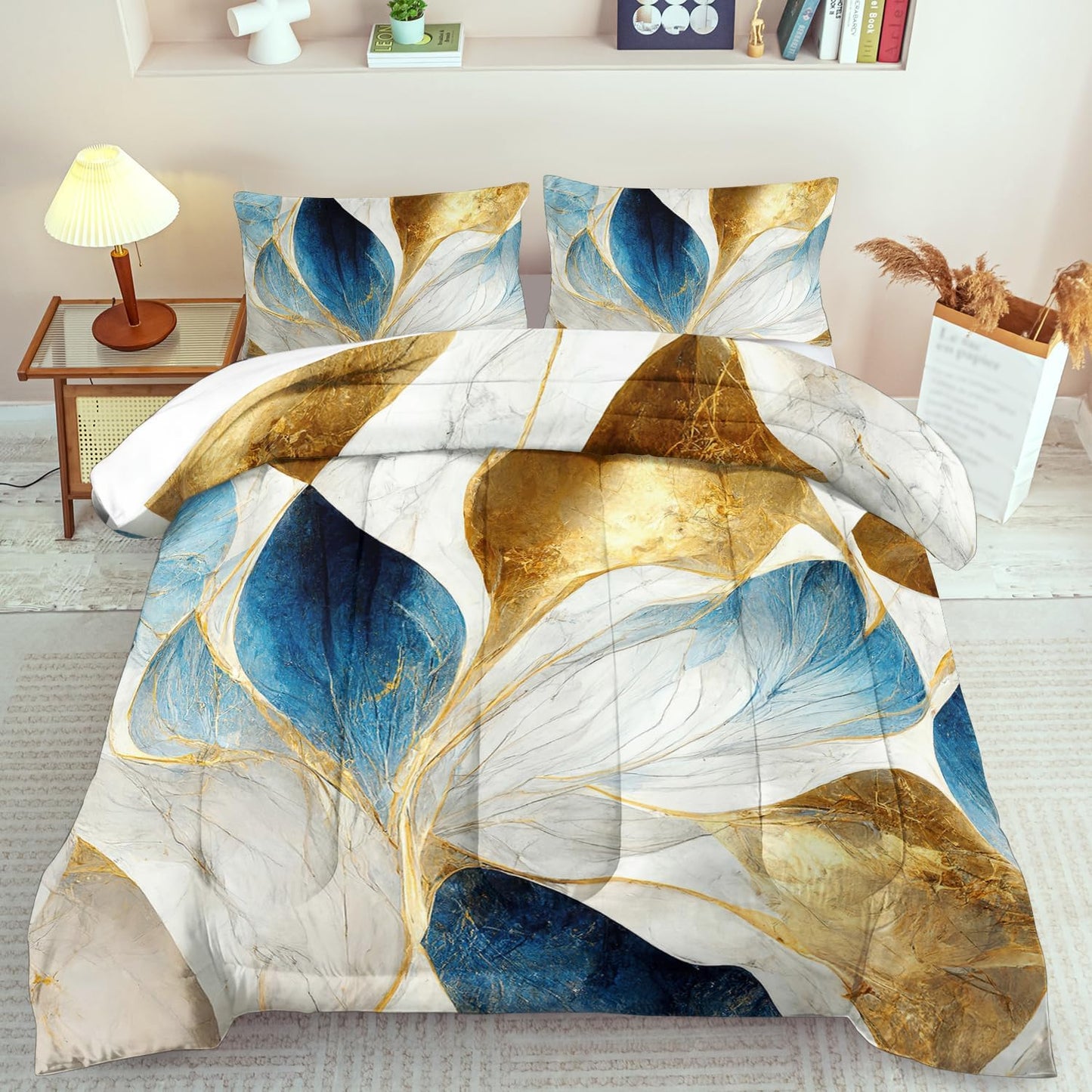 Vintage Floral Comforter Set King Size Women,Marble Flower Bedding Set King,Marble Blue Flower Bed Comforter,Blue and Gold Floral Quilt Bedroom Decor for Kids and Adults
