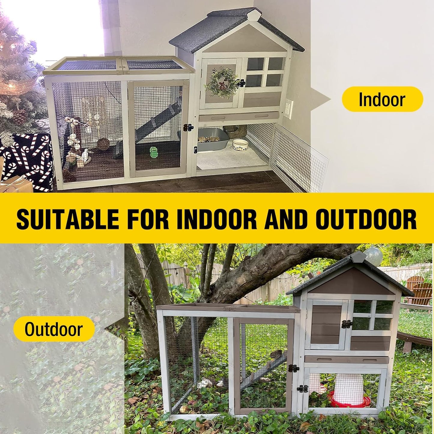 Aivituvin Rabbit Hutch Indoor Bunny Cage Outdoor with Run Chicken Coop Guinea Pig House with Waterproof Asphalt Roof,No Leakage Pull Out Tray