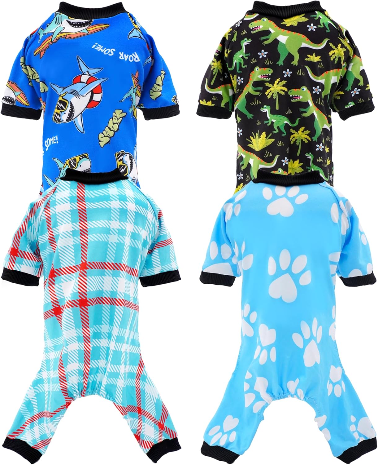 PET SHOW 4 Pack Dog Pajamas Dinosaur Shark for Medium Large Dogs Boy Soft Stretchy PJs Plaid Jumpsuit Dog Paw Onesies Outfits with Sleeve Pets Breathable Summer Clothes Costume XXL