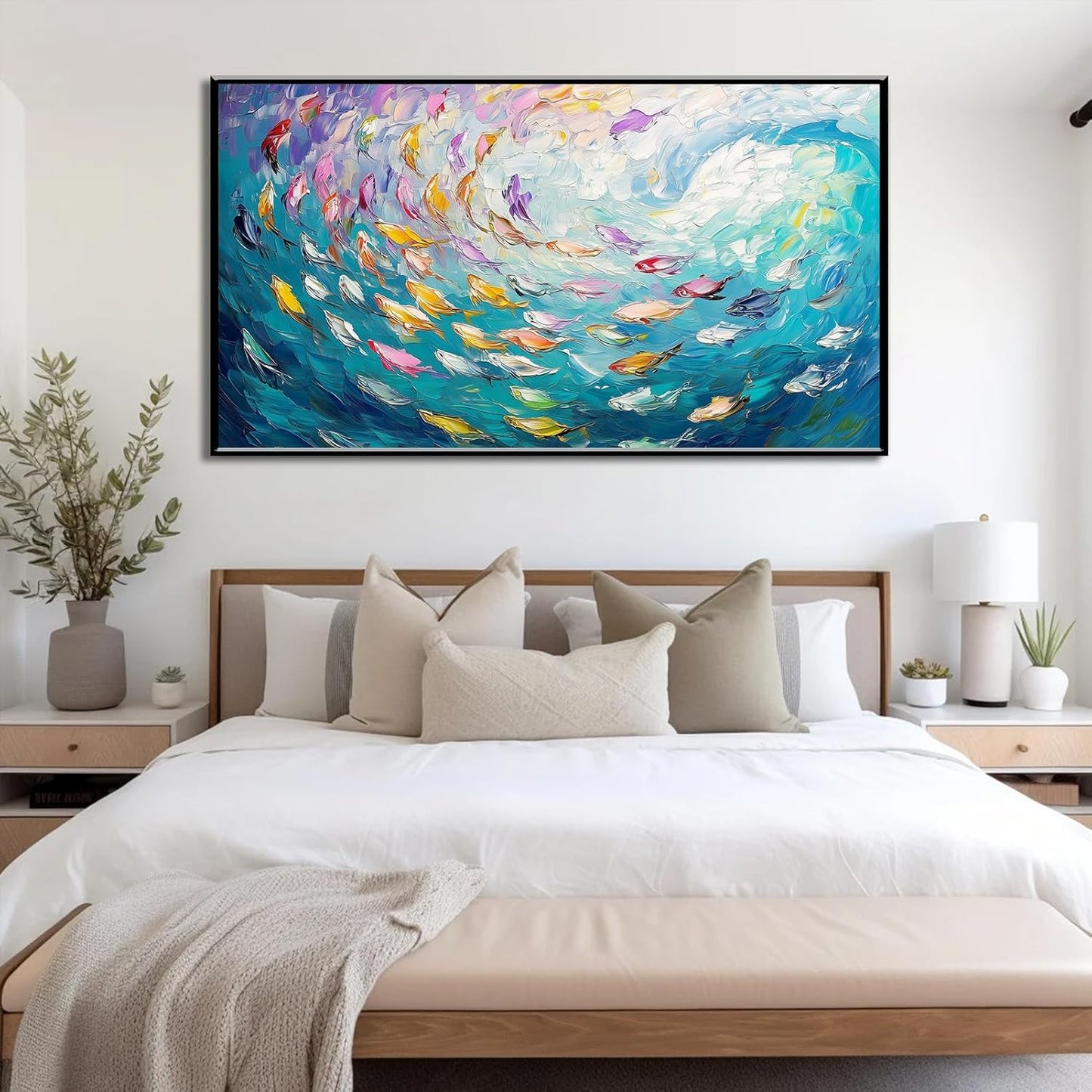 Fish Canvas Wall Art, Abstract School of Fish Canvas Wall Art, School of Fish Painting Canvas, School of Fish Wall Art, Fish Wall Decor, Fish Pictures Wall Decor, Bedroom Canvas Wall Decor (Black Framed, 59"x33" | 150x84cm)