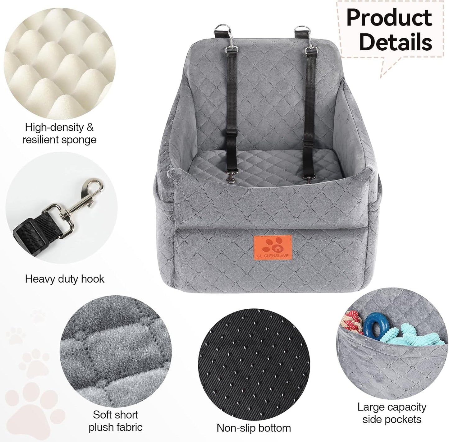 Dog Car Seat for Small/Medium Dogs, Dog Booster Car Seats with Thick Cushion for Dogs Under 35lbs, Detachable Washable Pet Car Seat with Storage Pockets, 2 Safety Belts