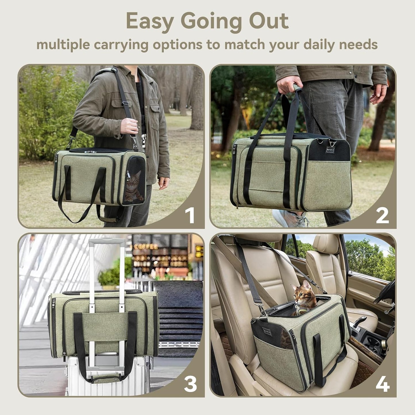 Petsfit Expandable Rabbit Carrier Bunny Carriers, 16 Inch Airline Approved Pet Carrier with 2 Extensions, Soft Washable Cushion, Self-Locking Zipper Head, Built-in Safety Rope, Fit for Travel