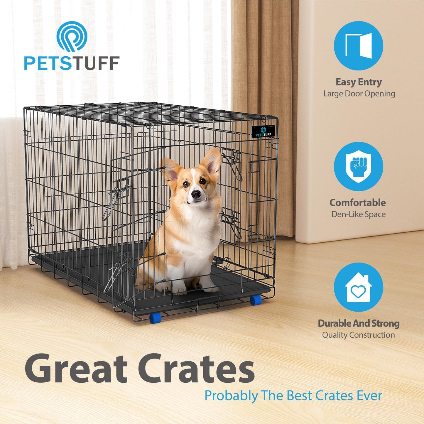 PetsTuff Great CRATES 36” Large Dog Crate - Heavy-Duty Dog Kennel with Divider Panel for Pets 40-60 lbs - Durable Leaf-Proof Tray - Foldable, Carry Handle & Wheels for Easy Moving