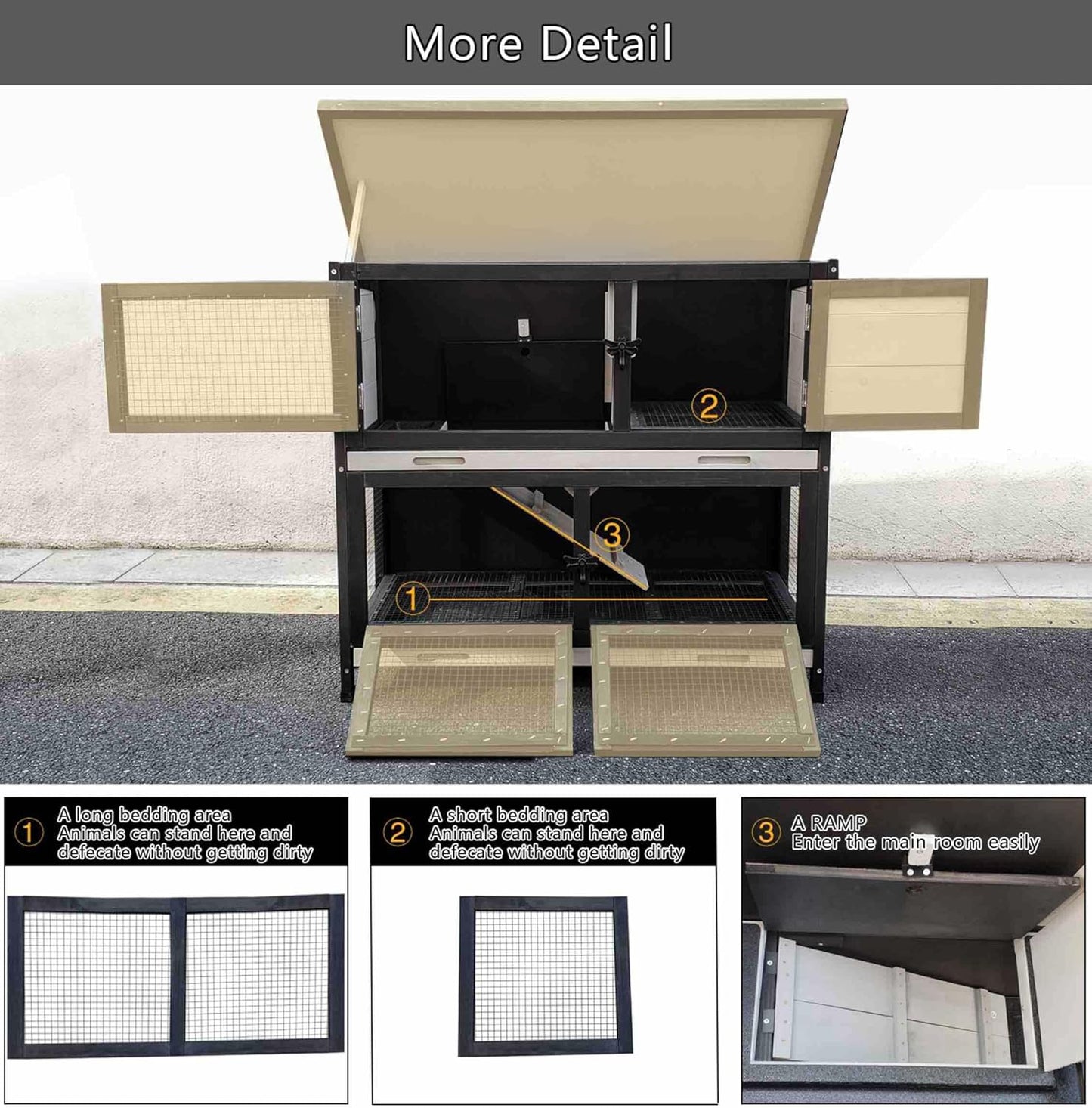 Double Level Solid Wood Rabbit Hutch Small Animal Cage for Rabbits, Guinea Pigs, Hedgehogs & Lizards Indoor/Outdoor– 2-Tier Eco-Friendly Habitat with Bedding Area, Durable & Easy to Clean