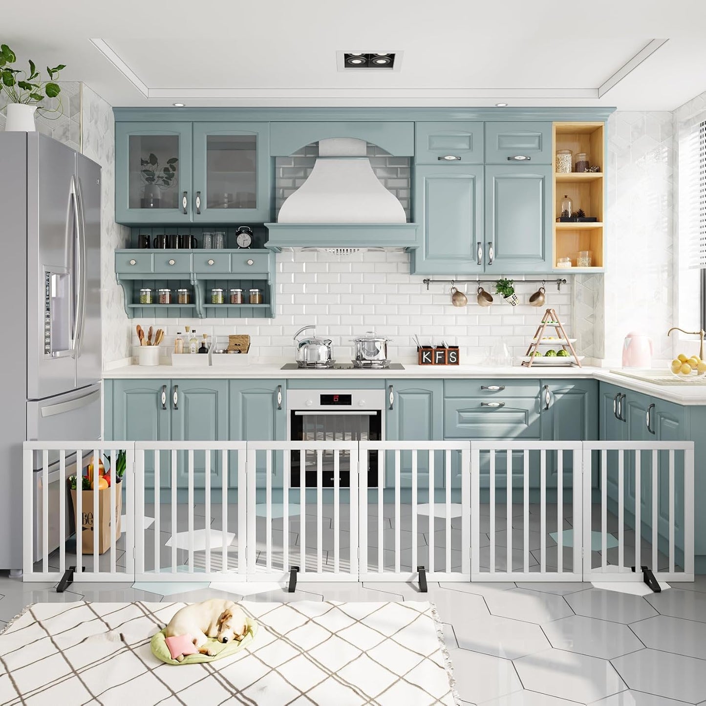 Dog Gates for Doorways Extra Wide 110inches (9ft), Wooden Freestanding Pet Gates for Dogs with 4 Support Stands, Foldable Gates for Dogs Indoor