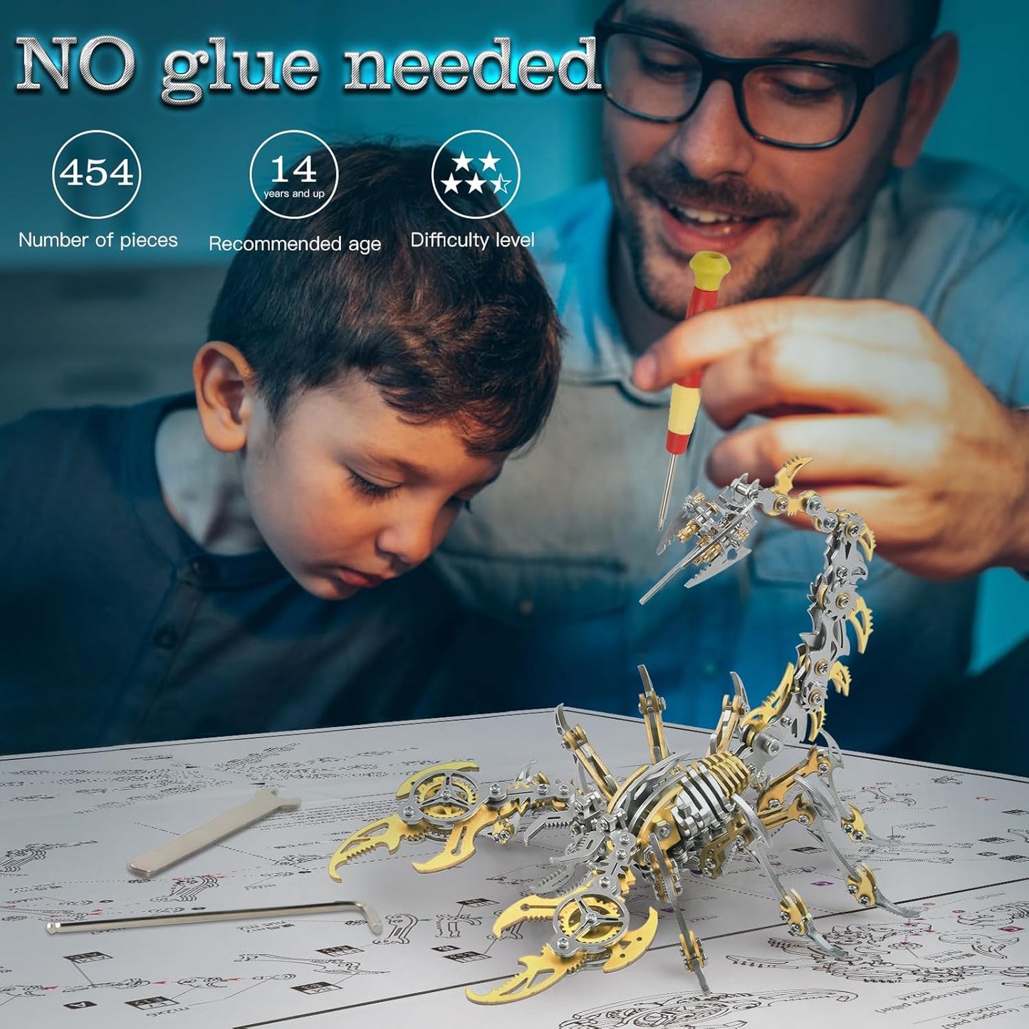 Scorpion 3D Metal Puzzles Kits for Adults Teens – 454 Pcs – Mechanical Assembly Models – 4 Hours to Build – Ideal for Gifts and Decorations (Golden)