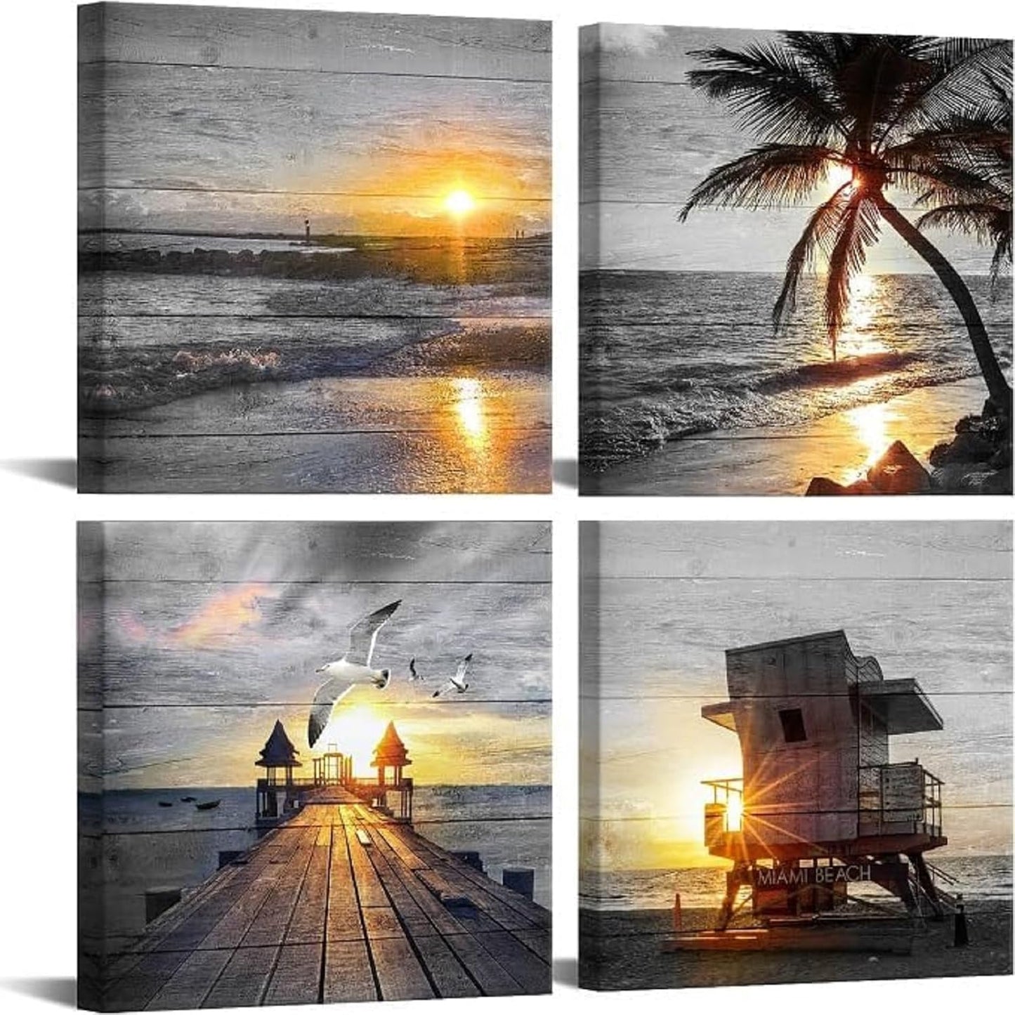 Yxbhhym- Bathroom Wall Art Black and White Gold Beach Wall Art Ocean Canvas Print Sunrise Sunset Seascape Scenery Painting Poster Framed Picture Bedroom Wall Decor Living Room Office Wall Decoration