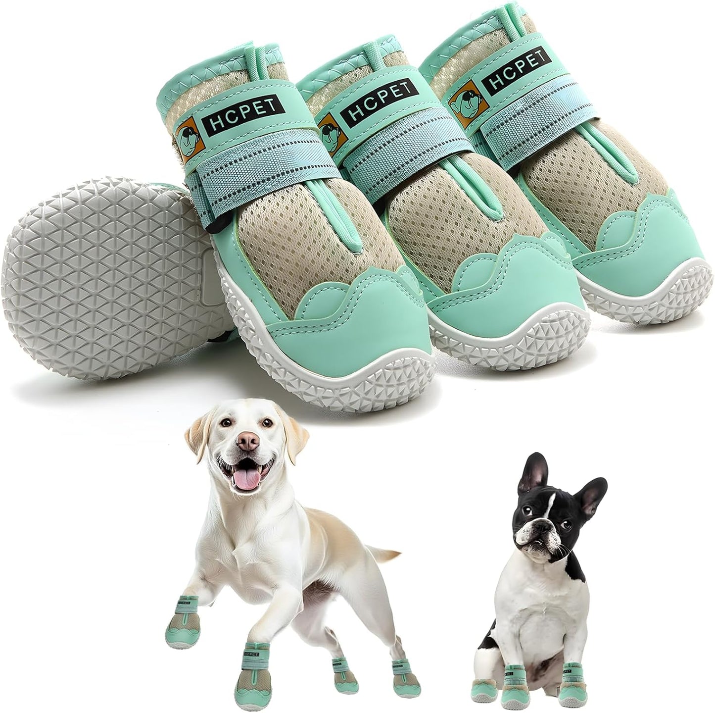Hcpet Dog Shoes for Large Dogs, Breathable Dog Booties for Small Medium Dogs, Anti-Slip Dog Boots & Paw Protectors for Hot Pavement Winter Snow Hiking with Reflective Straps Green Size 3