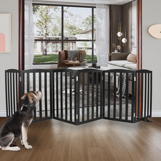 ZJSF Foldable Freestanding Indoor Dog Gate for House Wood Long Pet Gates Dog Fence for Stairs Puppy Gates for Hallways, Puppy Gate,Support Feet Included, Black, 32 "Height-6 Panels