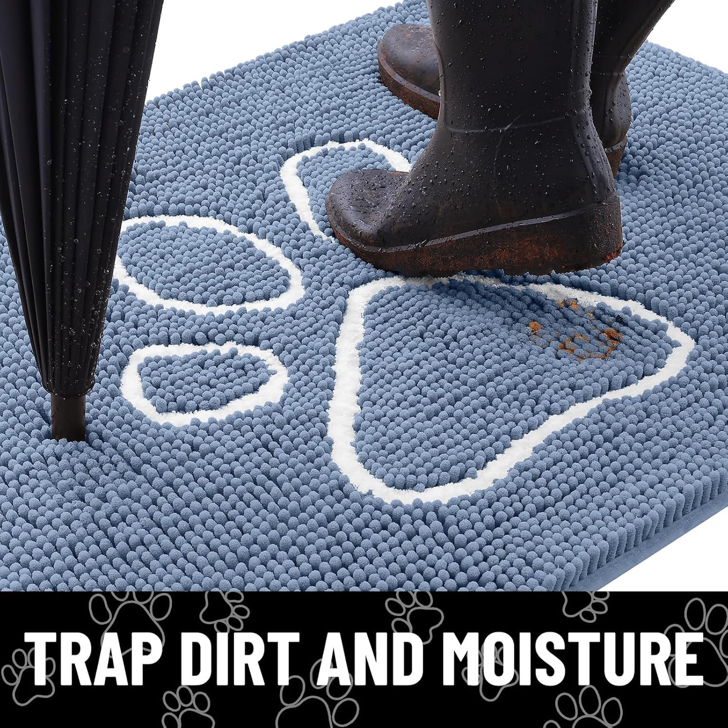 Smiry Dog Door Mat for Muddy Paws, Absorbent Dirt Trapper Non Slip Quick Dry Washable Chenille Mat for Mud Dogs, Entry Rug for Indoor and Outdoor (24x16 Inches, Airy Blue and White)