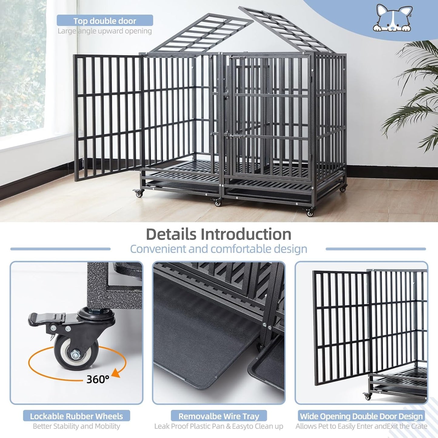 54 inch Heavy Duty Indestructible and Escape-Proof Dog Crate Cage Kennel for 1 XL or 2 Medium Dogs, Divider Panel, Removable Tray & Wheels, for High-Anxiety Dogs, Extra Large XL (Black)