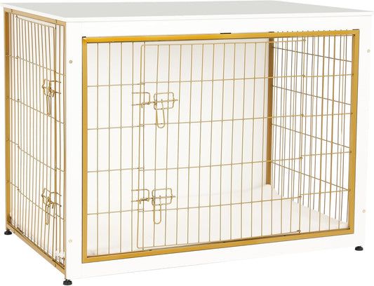 DWANTON Dog Crate Furniture with Cushion, Wooden Kennel Table with Double Doors, Indoor Dog House, Extra Large Size, 43.3" L, White+Gold