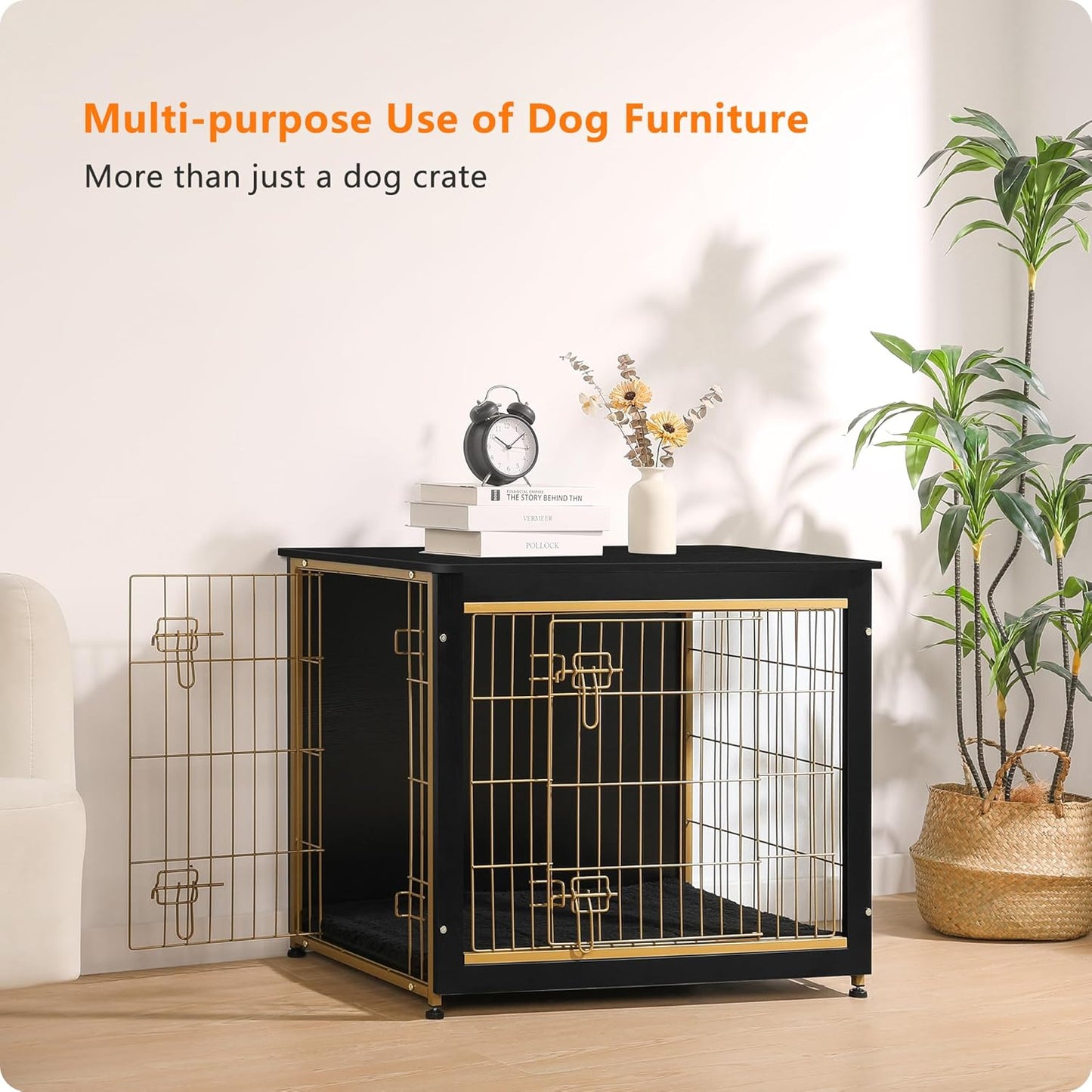DWANTON Dog Crate Furniture with Cushion, Wooden Kennel Table with Double Doors, Indoor Dog House, Medium Size, 32.5" L, Black+Gold