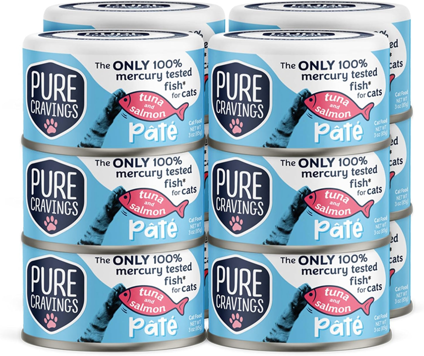 Tuna and Salmon Pate, Canned Wet Cat Food, 100% Mercury-Tested, Moist Can Fish, Grain-Free Protein, Non-GMO, 12 Pack