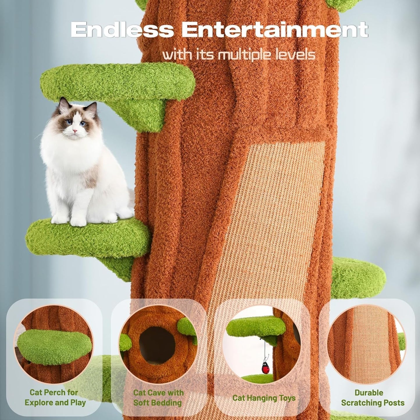 Extra Large Cat Tree Tower,90.55" Tall Forest Theme Cat Condo for Indoor Cats,Multi-Level Luxury Huge Cat Condo with Scratching Mats,Removable Mats,Heavy Duty House with Toys for Multi-Cat Household