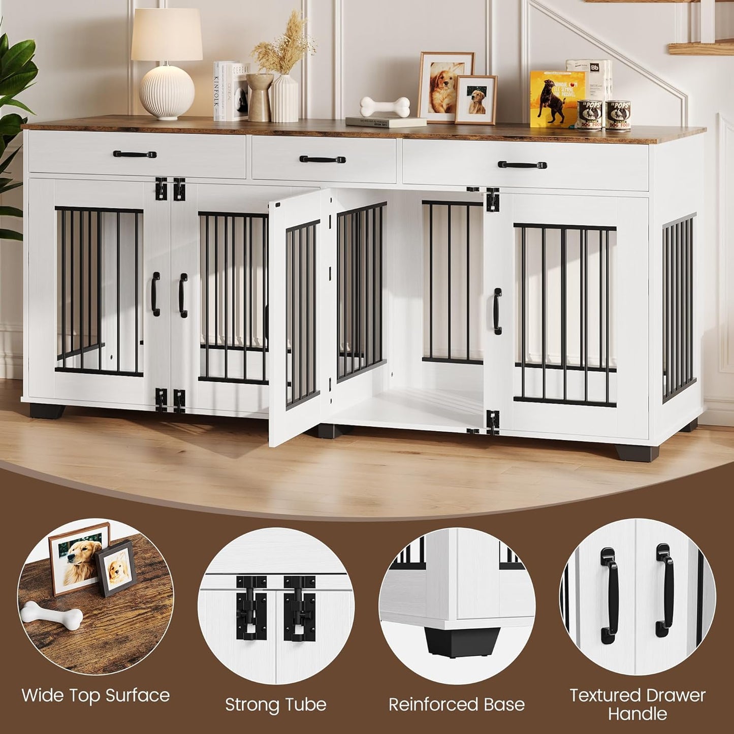 71 Inch Dog Crate Furniture for 2 Rooms, Wooden Double Crate Large Breed with Door, Dog Kennel Indoor, TV Stand End Table with Divider for Large Medium Dogs,White/Brown