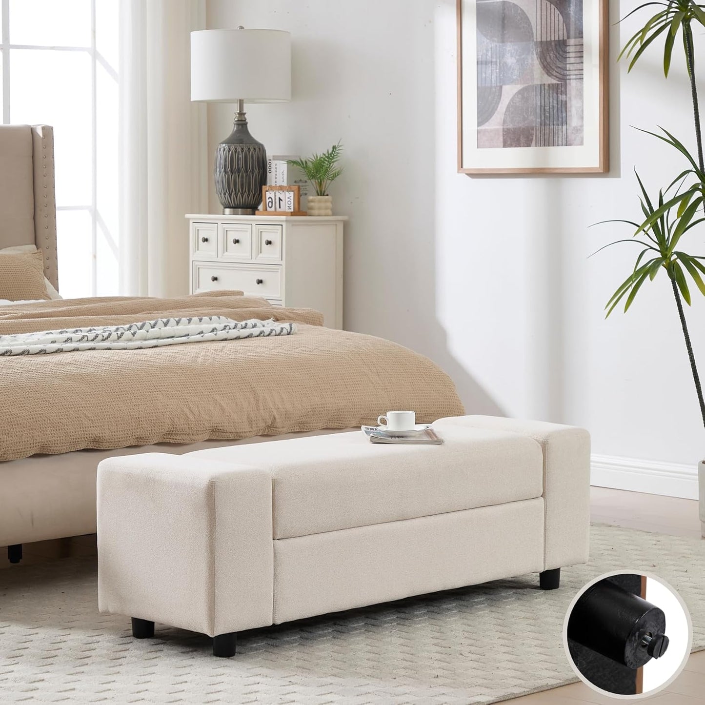 Storage Ottoman Bench,55 Inch End of Bed Linen Bench with Large Storage for Bedroom/Living Room/Entryway/Closet(Beige)