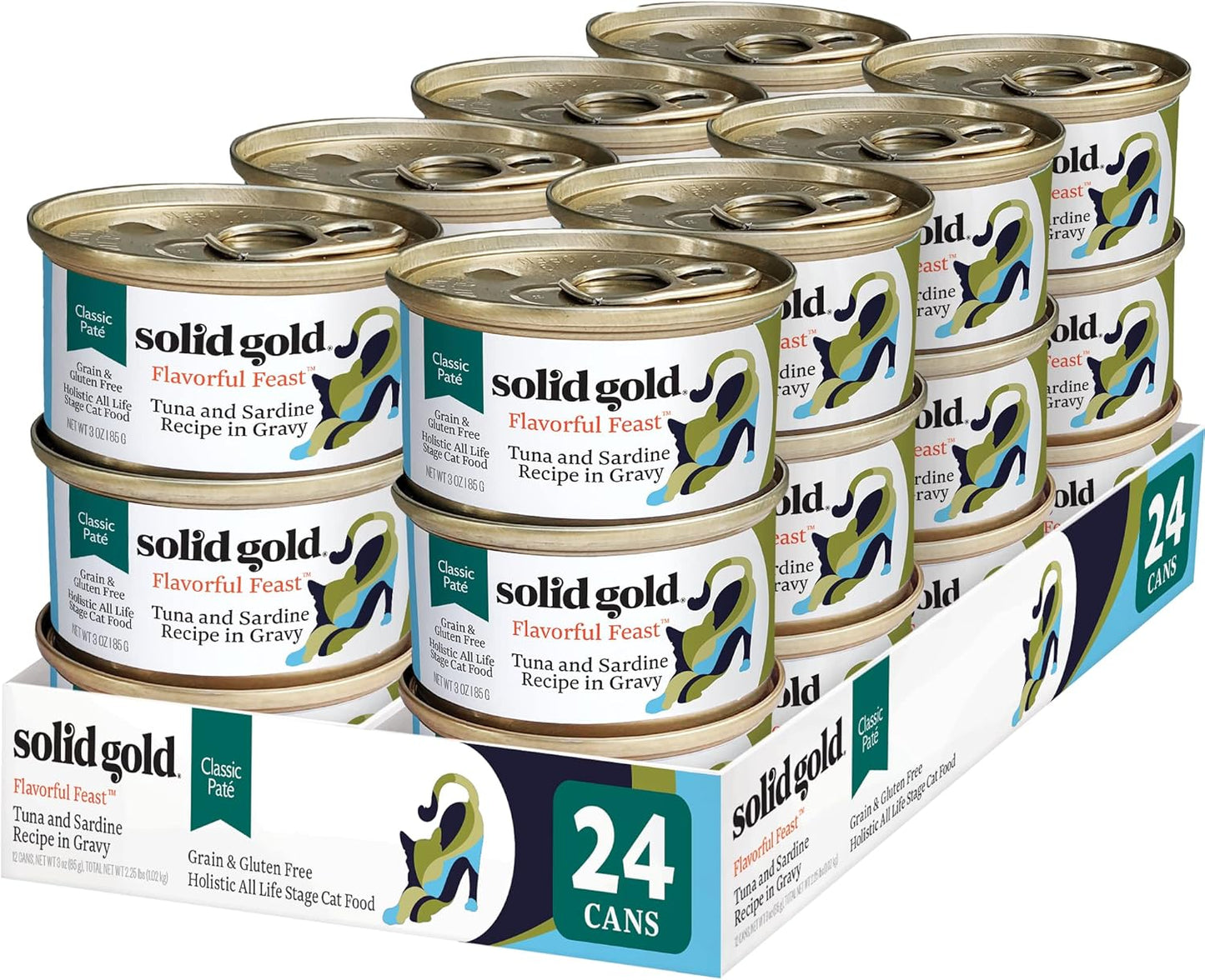 Solid Gold Wet Cat Food Pate - Healthy Canned Cat Food Pate w/Real Tuna & Sardine, Omega Fatty Acids, Vitamins & Minerals - Grain Free & Gluten Free Can Meals for Cats & Kittens - 24ct/3oz Can