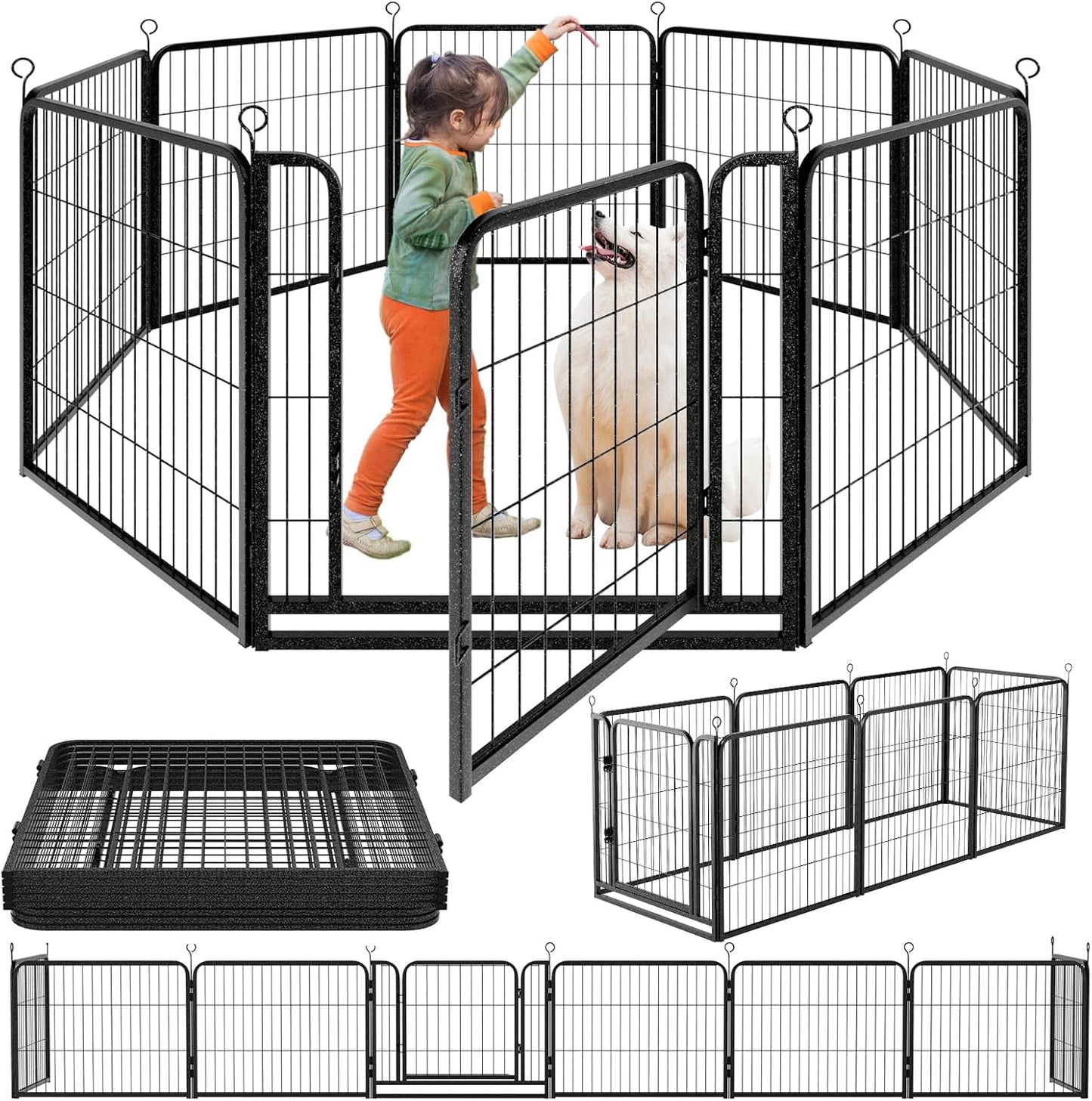 Dog Playpen Outdoor Extra Wide 8 Panels Heavy Duty Dog Fence 32" Height Anti-Rust with Doors Portable for RV Camping Yard, Total 21FT, 35 Sq.ft, Snowy Black