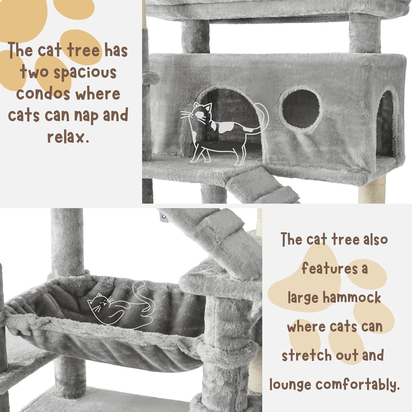 Cat Tree, 80-Inch Large Cat Tower with 9 Scratching Posts, 2 Perches, 2 Caves, 2 Basket, 2 Stairs, Extra Large Hammock, Pompoms, Multi-Level Plush Cat Condo for Indoor Cats/Light Grey