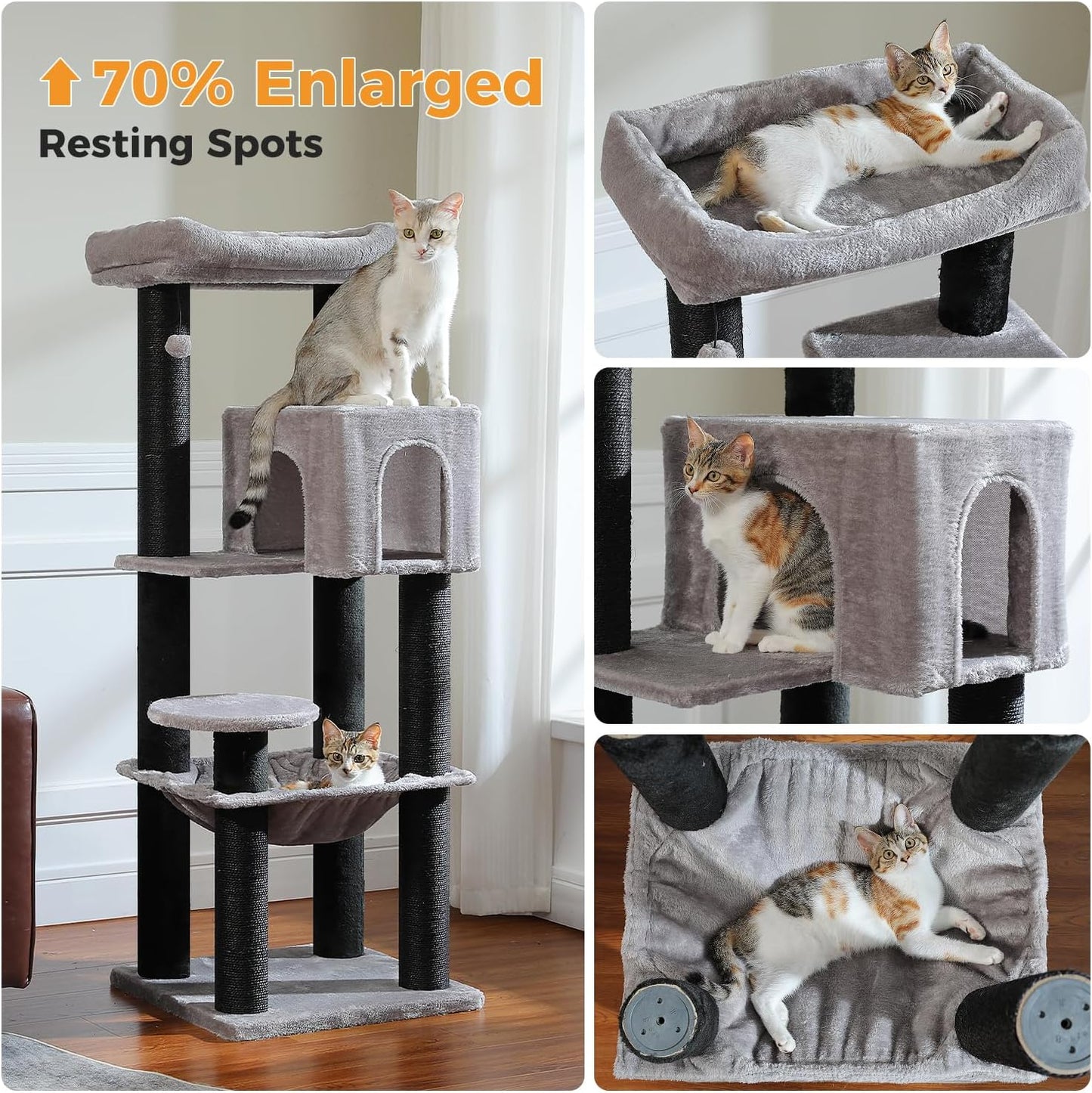 Large Cat Tree with Reinforced Scratching Posts (φ3.1in) for Big Adult Cats 30 lbs, 57.8" Heavy Duty Cat Tower with Larger Hammock and Condo, Cat Furniture for Maine Coon, Plush,Black