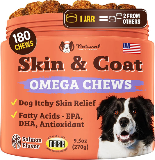 Natural Dog Company Skin & Coat Supplement for Dogs Omega-3 Rich Salmon Oil Chews for Itchy Skin Relief, Shedding & Allergy Support, Shiny Coat Health, with Biotin, Vitamin E, Grain-Free (180 Count)