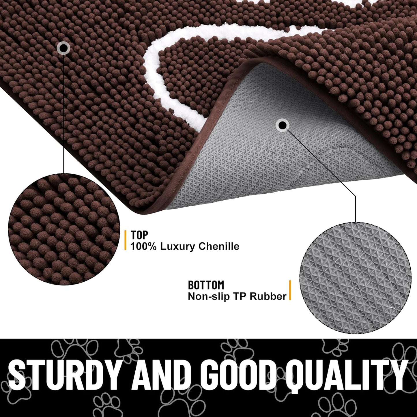 Smiry Dog Door Mat for Muddy Paws, Absorbent Dirt Trapper Non Slip Quick Dry Washable Chenille Mat for Mud Dogs, Entry Rug for Indoor and Outdoor (71x46 Inches, Brown and White)