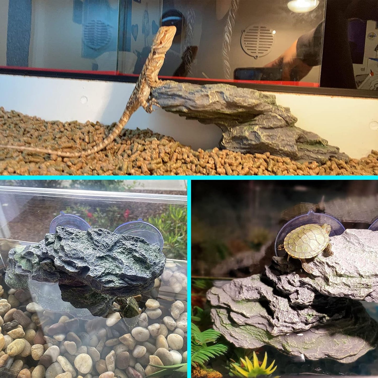 kathson Turtle Basking Platform with Suction Cup Tortoise Climbing Rest Terrace Resin Step Decoration Reptile Habitat Rock Decor for Frogs,Lizards,Geckos,Bearded Dragon-L